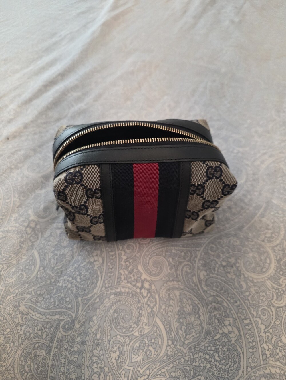 Gucci Beige Monogram Cosmetic Pouch with Red & Black Center Stripe
